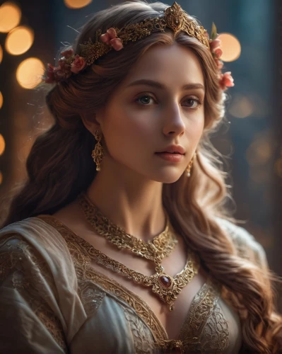 fantasy portrait,romantic portrait,mystical portrait of a girl,diadem,golden crown,jessamine,fairy tale character,celtic queen,cinderella,fairy queen,faery,fantasy art,gold crown,girl in a historic way,victorian lady,golden wreath,angelica,fantasy picture,girl portrait,enchanting,Photography,General,Cinematic