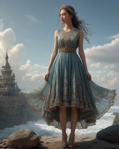 a girl in a dress,fantasy picture,cinderella,celtic woman,rapunzel,digital compositing,girl in a long dress,hoopskirt,fairy tale character,fantasia,enchanting,fantasy art,celtic queen,3d fantasy,fantasy portrait,fantasy woman,girl in a historic way,blue enchantress,fantasy world,the sea maid,Illustration,Realistic Fantasy,Realistic Fantasy 28