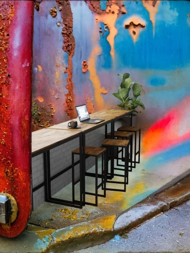 school benches,outdoor table,beer tables,street furniture,athens art school,watercolor cafe,street cafe,outdoor dining,piano bar,conference table,urban street art,bar counter,urban art,dining table,the coffee shop,coffee shop,outdoor bench,painted wall,public art,graffiti art