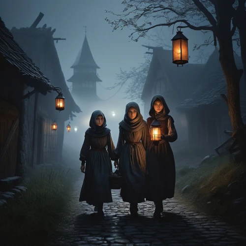 witches,pilgrims,monks,medieval street,nuns,travelers,celebration of witches,carolers,lanterns,lamplighter,witch's house,villagers,nomads,candlemas,halloween ghosts,carol singers,school children,fantasy picture,pilgrimage,wizards,Illustration,Realistic Fantasy,Realistic Fantasy 17