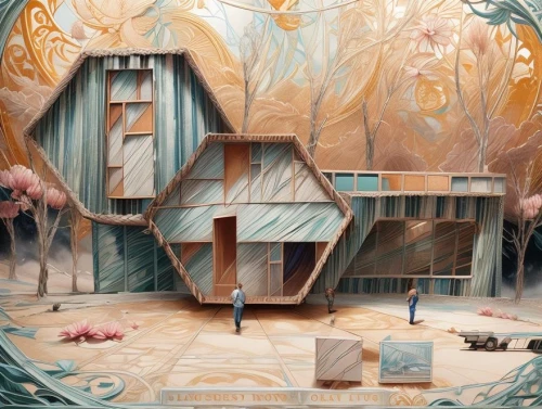 cube house,cubic house,cube stilt houses,escher,3d fantasy,mirror house,playhouse,meticulous painting,house of the sea,surrealism,printing house,clay house,ancient house,house painting,the threshold of the house,frame house,syringe house,fractal environment,abandoned place,woman house