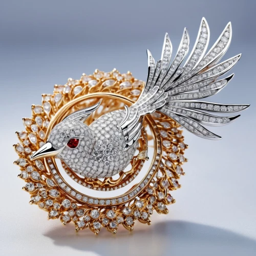 an ornamental bird,brooch,ornamental bird,feather jewelry,bridal accessory,jewelry manufacturing,shuttlecock,ring with ornament,prince of wales feathers,diadem,filigree,broach,circular ornament,rolls-royce,jewelry florets,floral ornament,art deco ornament,bridal jewelry,decoration bird,openwork,Photography,General,Realistic