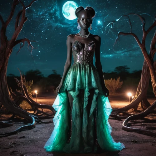 queen of the night,voodoo woman,blue enchantress,the enchantress,lady of the night,photomanipulation,fantasy picture,dryad,fairy queen,girl in a long dress,sorceress,faerie,priestess,fantasy woman,photo manipulation,fantasy art,dead bride,bioluminescence,celtic queen,dark art,Illustration,Realistic Fantasy,Realistic Fantasy 47