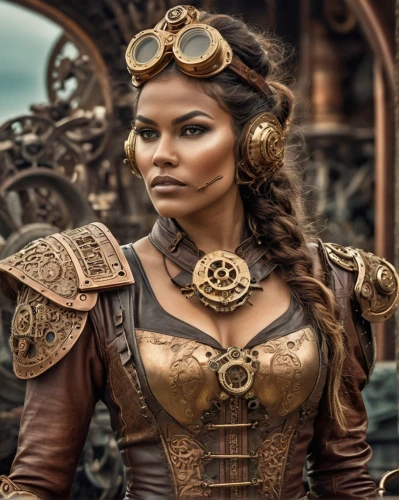 steampunk,steampunk gears,breastplate,warrior woman,female warrior,tiana,celtic queen,fantasy woman,the enchantress,wearables,heroic fantasy,head woman,girl in a historic way,bodice,lady honor,catarina,african american woman,costume design,cosplay image,female doctor,Illustration,Realistic Fantasy,Realistic Fantasy 13