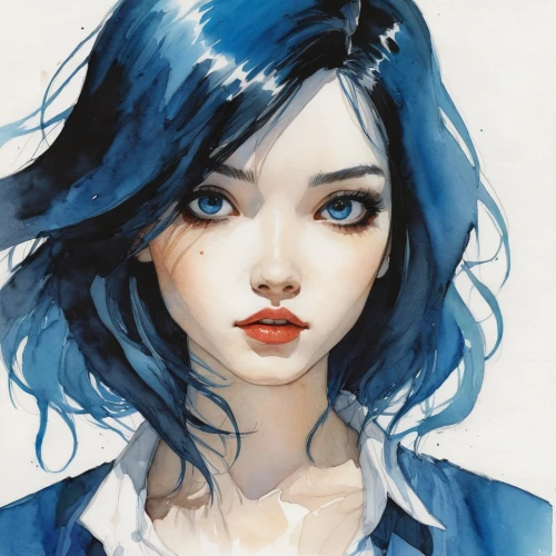 watercolor blue,blue painting,bluejay,watercolor,blue hair,girl portrait,2d,watercolor paint,color blue,blue color,watercolor pencils,blu,girl drawing,watercolor painting,jasmine blue,blue and white,digital painting,mari makinami,blue jay,bluebottle,Illustration,Paper based,Paper Based 07