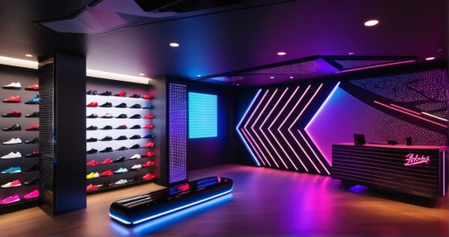 walk-in closet,shoe store,shoe cabinet,closet,fitness room,women's closet,fitness center,nightclub,sportswear,sports wall,game room,gymnastics room,sports gear,wardrobe,showroom,interior design,music store,racks,showcase,boutique,Photography,General,Realistic