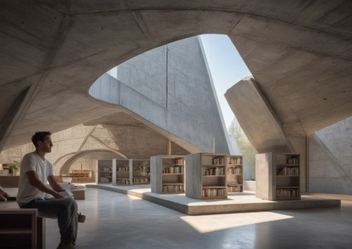 concrete ceiling,reading room,cubic house,bookshelves,celsus library,exposed concrete,study room,archidaily,bookshelf,school design,concrete construction,bookcase,athens art school,modern office,library,frame house,vaulted ceiling,vaulted cellar,kirrarchitecture,loft,Photography,General,Natural