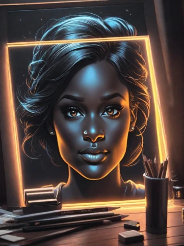 magic mirror,sci fiction illustration,mirror of souls,makeup mirror,the mirror,self-reflection,portrait background,mystical portrait of a girl,ebony,mirror reflection,black skin,mirror,cg artwork,in the mirror,mirrors,bloned portrait,artist portrait,icon magnifying,copper frame,reflective,Photography,Cinematic