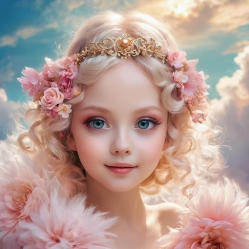 little girl fairy,child fairy,female doll,fantasy portrait,doll's facial features,flower fairy,fairy queen,porcelain doll,faery,3d fantasy,mystical portrait of a girl,vintage doll,fantasy girl,porcelain dolls,fairy,baroque angel,vintage angel,princess crown,rosa 'the fairy,faerie