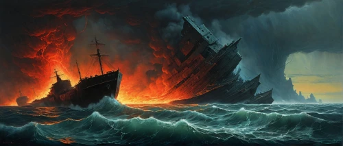 maelstrom,sea storm,the conflagration,fire and water,lake of fire,conflagration,sea fantasy,tour to the sirens,burning earth,ironclad warship,viking ships,the storm of the invasion,fantasy picture,dragon fire,nature's wrath,burned pier,northrend,sloop-of-war,scorched earth,sirens,Conceptual Art,Oil color,Oil Color 03