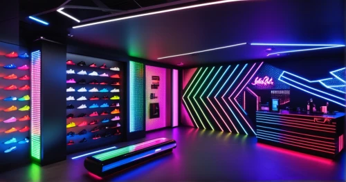 nightclub,neon arrows,80's design,ufo interior,disco,neon lights,neon coffee,80s,neon light,colored lights,neon cocktails,game room,neon candies,neon,neon drinks,party lights,colorful light,neon sign,computer room,jukebox,Photography,General,Realistic