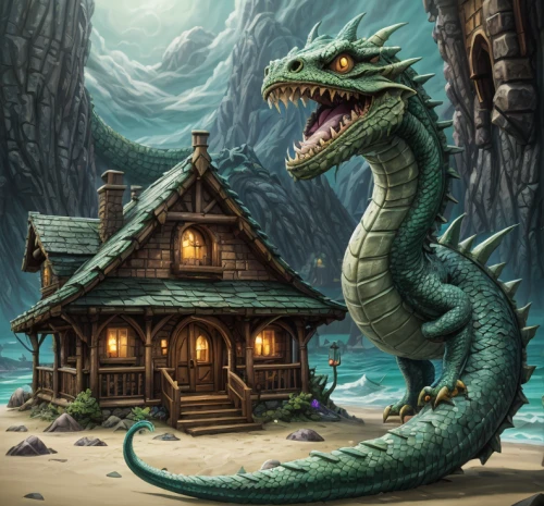 log home,game illustration,ancient house,log cabin,green dragon,cottage,wyrm,large home,landmannahellir,fantasy picture,shed lizard,mountain settlement,northrend,fisherman's house,home landscape,missisipi aligator,house with lake,cynorhodon,treasure house,summer cottage