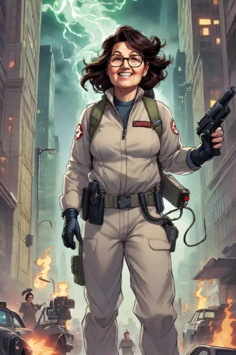 sci fiction illustration,ghostbusters,biologist,girl scouts of the usa,combat medic,woman fire fighter,medic,librarian,woman holding gun,cg artwork,lady medic,female nurse,kosmea,female doctor,park ranger,girl with a gun,girl with gun,game art,game illustration,drone pilot,Digital Art,Comic