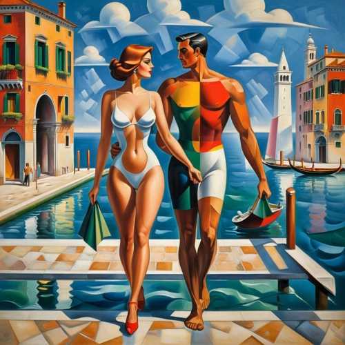 italian painter,italian poster,young couple,vintage man and woman,vintage art,lido di ostia,david bates,art deco woman,art deco,man and woman,man and wife,vintage boy and girl,viareggio,promenade,gondolier,two people,woman with ice-cream,beach goers,tourists,portofino,Art,Artistic Painting,Artistic Painting 45