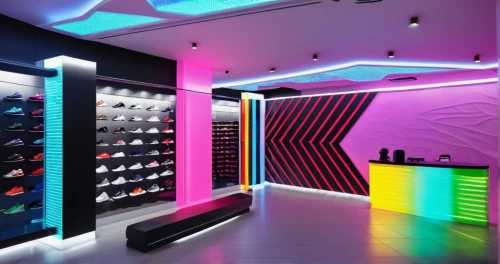 shoe store,walk-in closet,neon candies,shoe cabinet,closet,sportswear,nightclub,fitness room,women's closet,sports gear,gymnastics room,sports wall,retail,fitness center,candy store,music store,boutique,neon arrows,store front,showroom,Photography,General,Realistic