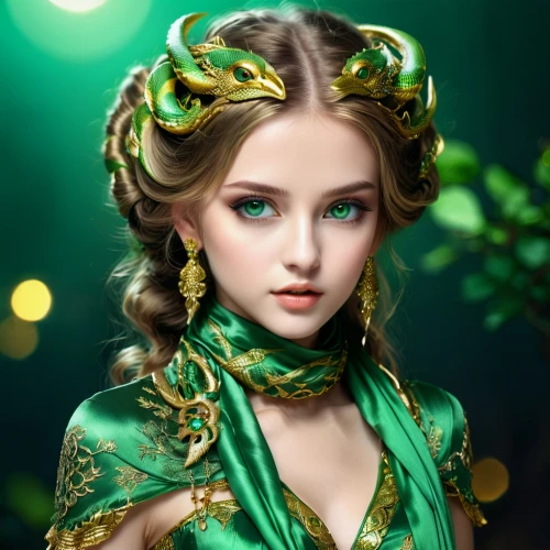 emerald,princess anna,faery,fantasy portrait,celtic queen,dryad,fantasy art,fairy queen,faerie,the enchantress,fairy tale character,elven,green,fairy peacock,fae,green wreath,mystical portrait of a girl,green eyes,princess' earring,celtic woman,Photography,Documentary Photography,Documentary Photography 30