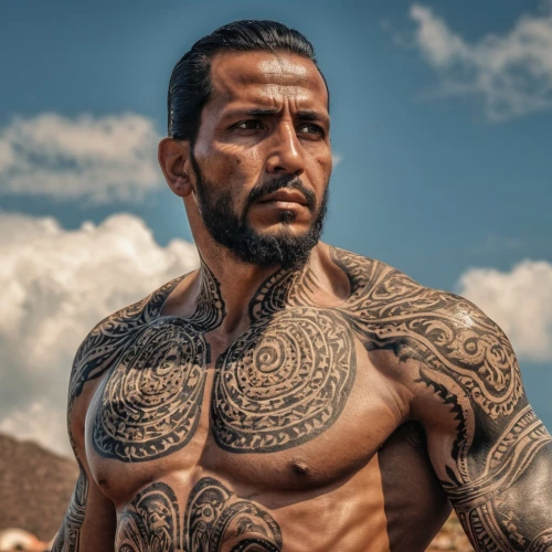 sultan,maori,mexican,war machine,kickboxer,latino,drago milenario,spanish stallion,tattoos,miguel of coco,lethwei,gladiator,aquaman,panamanian balboa,conquistador,spartan,hercules,with tattoo,body building,uomo vitruviano,Photography,General,Realistic