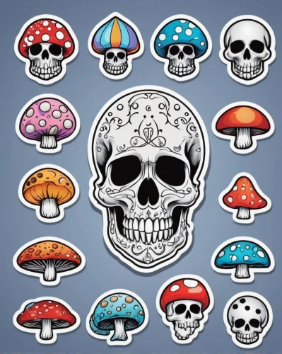 agaric,mushrooms,skulls,toadstools,skulls and,clipart sticker,sugar skulls,mushroom type,skulls bones,stickers,fungi,anti-cancer mushroom,mushroom,toadstool,mushroom landscape,mushrooming,crown caps,medicinal mushroom,skull bones,sticker,Unique,Design,Sticker