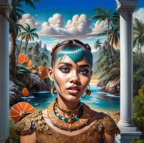 cleopatra,bali,polynesian girl,polynesian,polynesia,fantasy portrait,caribbean,carribean,the caribbean,fantasy art,oasis,jamaica,tahiti,ancient egyptian girl,sacred art,oceania,fiji,bahamas,art,el dorado