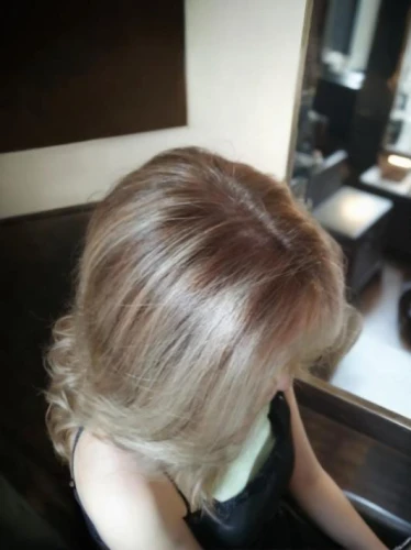 hair coloring,chignon,champagne color,natural color,caramel color,hairdressing,blond hair,short blond hair,hairstyler,make over,red-brown,hairstylist,blond,blond girl,blonde,pin hair,updo,hair,doll looking in mirror,brown