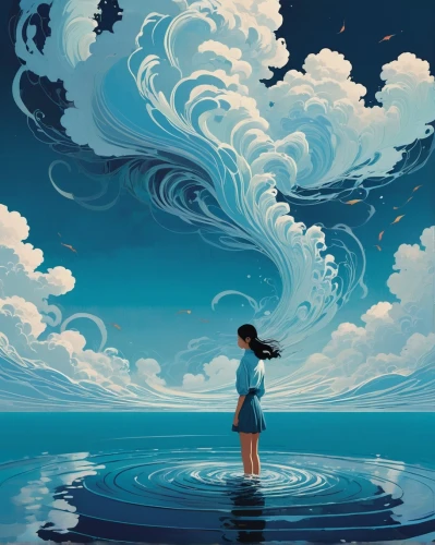 the wind from the sea,little girl in wind,japanese waves,exploration of the sea,adrift,ocean,the endless sea,ocean waves,wind wave,ocean background,blue planet,sea,mermaid background,imagination,the sea,world digital painting,submerged,surrealism,japanese wave,tidal wave,Illustration,Vector,Vector 05