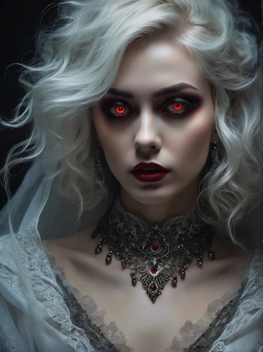 vampire woman,vampire lady,vampire,gothic portrait,white rose snow queen,psychic vampire,fire red eyes,red eyes,gothic woman,vampires,fantasy portrait,dead bride,dracula,evil woman,dark art,dark gothic mood,dark portrait,queen of hearts,gothic fashion,fantasy art,Photography,General,Fantasy