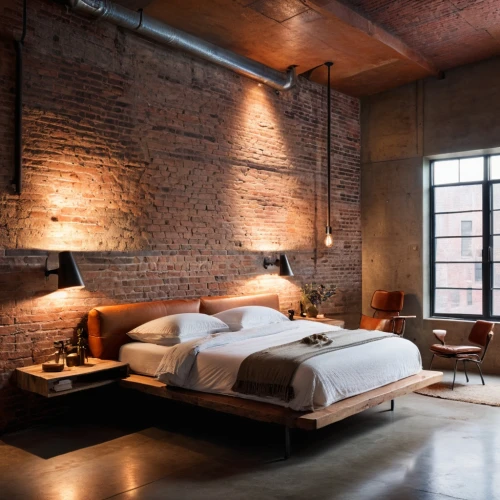 loft,sleeping room,boutique hotel,wall lamp,modern decor,wooden beams,red brick,contemporary decor,great room,homes for sale in hoboken nj,modern room,hoboken condos for sale,floor lamp,brick house,wooden wall,guest room,interior design,shared apartment,table lamps,guestroom,Photography,General,Cinematic