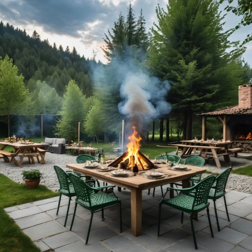 barbecue area,fire pit,firepit,outdoor dining,outdoor furniture,outdoor grill,outdoor table and chairs,outdoor table,alpine restaurant,outdoor cooking,barbecue torches,campfire,country hotel,campfires,outdoor recreation,barbecue,campground,fire bowl,garden furniture,barbeque,Photography,General,Realistic