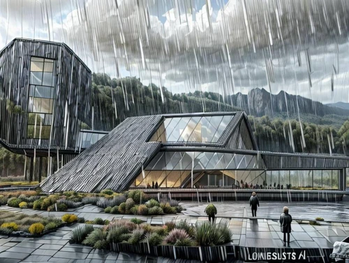 futuristic art museum,hahnenfu greenhouse,house in the mountains,futuristic architecture,house in mountains,futuristic landscape,school design,eco hotel,home of apple,noah's ark,concept art,aqua studio,eco-construction,greenhouse cover,cube house,archidaily,ski facility,glass building,glass facade,3d rendering