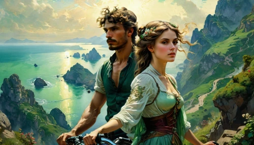 fantasy picture,heroic fantasy,fantasy art,fantasy portrait,sailing ship,shepherd romance,romance novel,young couple,romantic portrait,vintage man and woman,aa,man and wife,lindos,caravel,vintage boy and girl,sea sailing ship,romantic scene,biblical narrative characters,goatherd,the people in the sea,Conceptual Art,Fantasy,Fantasy 05