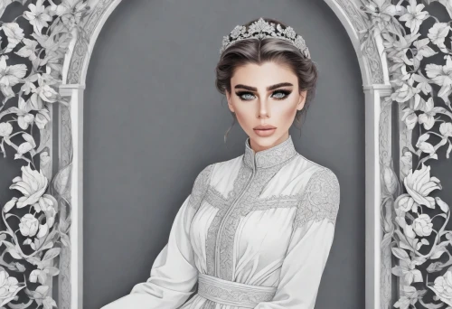 miss circassian,bridal clothing,white rose snow queen,bridal dress,silver wedding,bridal,queen cage,wedding gown,wedding dresses,debutante,the snow queen,fashion illustration,victorian lady,wedding dress,royal lace,birce akalay,monarchy,wedding frame,diadem,celtic queen,Photography,Realistic