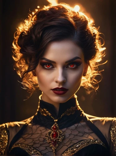 victorian lady,gothic portrait,vampire woman,steampunk,fantasy portrait,mystical portrait of a girl,vampire lady,fire angel,sorceress,victorian style,romantic portrait,fiery,gothic woman,fantasy woman,the enchantress,queen of hearts,gothic fashion,fire eyes,golden crown,dark portrait,Photography,General,Fantasy