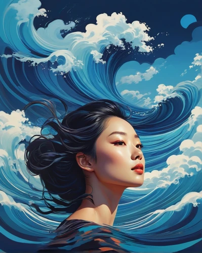 the wind from the sea,japanese waves,wind wave,ocean waves,japanese wave,tidal wave,rogue wave,water waves,ocean,siren,chinese art,ocean blue,blue waters,submerged,sea,sea breeze,world digital painting,han thom,sea storm,waves,Illustration,Vector,Vector 05