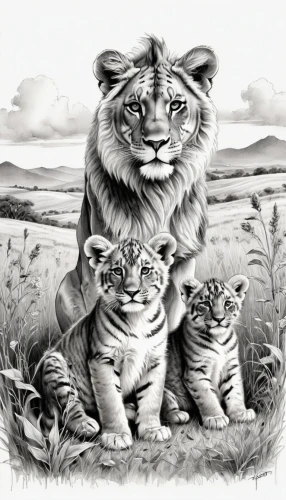 big cats,cat family,white lion family,lionesses,lion children,lion with cub,tigers,lion father,lions,lions couple,white tiger,male lions,line art animals,cheetahs,cheetah and cubs,two lion,felidae,coloring page,the mother and children,felines,Illustration,Black and White,Black and White 30