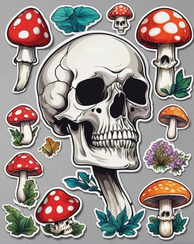 agaric,mushrooms,medicinal mushroom,mushroom landscape,toadstools,mushroom type,fungi,mushrooming,anti-cancer mushroom,edible mushrooms,mushroom island,forest mushrooms,clipart sticker,mushroom,situation mushroom,poisonous,skulls and,amanita,toadstool,agaricaceae,Unique,Design,Sticker