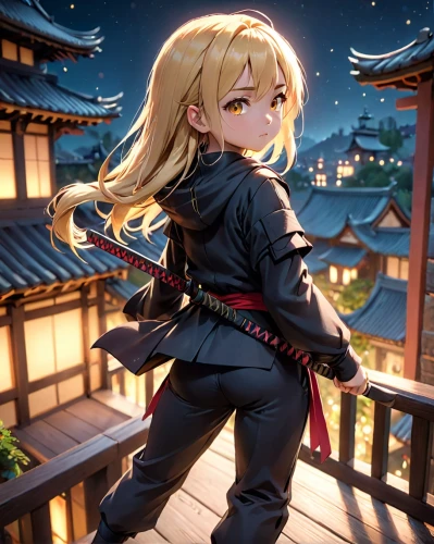 yang,meteora,poi,fire poi,darjeeling,uruburu,kayano,mukimono,kenjutsu,saber,sensei,red saber,kotobukiya,martial arts uniform,dusk background,on the roof,katana,torii,koto,samurai,Anime,Anime,Cartoon