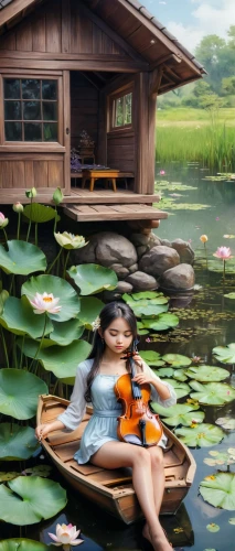 lotus on pond,world digital painting,lily pond,lily pad,violin woman,violin player,fishing float,woman playing violin,lotus pond,pond lily,little girl reading,playing the violin,traditional vietnamese musical instruments,girl on the boat,lily water,bass violin,violinist,violin,girl on the river,dulcimer,Conceptual Art,Fantasy,Fantasy 03