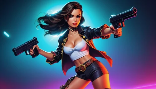 girl with gun,girl with a gun,woman holding gun,rockabella,mobile video game vector background,shooter game,game illustration,ammo,holding a gun,symetra,femme fatale,tracer,renegade,huntress,gun,twitch icon,game art,retro woman,pointing gun,bang,Illustration,Retro,Retro 18