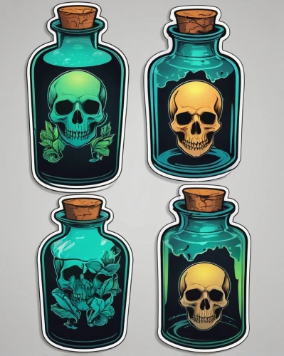 poison bottle,gas bottles,glass containers,candy jars,bottles,potions,skulls,drink icons,flasks,vials,glass bottles,jars,skulls and,glass jar,perfume bottles,skulls bones,storage-jar,medicine icon,poisonous,laboratory flask,Unique,Design,Sticker