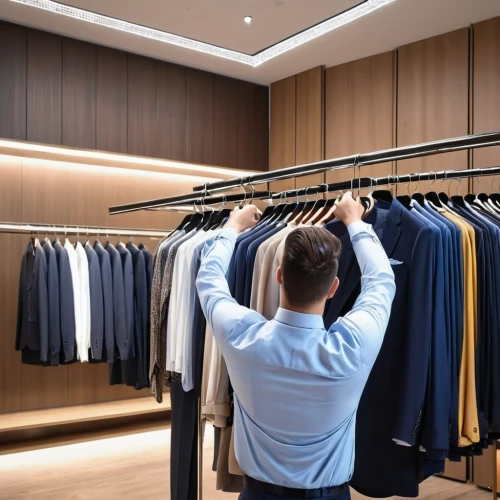 walk-in closet,garment racks,shop fittings,wardrobe,men clothes,white-collar worker,closet,men's wear,establishing a business,the consignment,dry cleaning,women's closet,men's suit,changing rooms,clothing,tailor,sales person,concierge,changing room,dressing room,Photography,General,Realistic