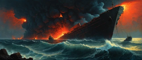 maelstrom,lake of fire,the conflagration,conflagration,burned pier,burning earth,tour to the sirens,ironclad warship,sea storm,sea fantasy,fire and water,eruption,nature's wrath,the eruption,pillar of fire,the wreck of the ship,burning torch,scorched earth,ghost ship,viking ship,Conceptual Art,Oil color,Oil Color 03