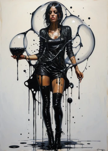 drips,dripping,black woman,oil painting on canvas,art painting,high-wire artist,femme fatale,black widow,oil on canvas,italian painter,meticulous painting,black jane doe,painter,pouring,girl with cereal bowl,plastic arts,fine art,glass painting,painting technique,girl with a wheel,Conceptual Art,Fantasy,Fantasy 15