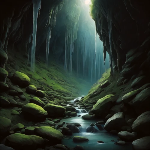 ice cave,glacier cave,cave,ravine,hollow way,mountain spring,fantasy landscape,crevasse,cave on the water,underground lake,pit cave,lava tube,lava cave,sea cave,world digital painting,fallen giants valley,canyon,aaa,green waterfall,mountain stream,Illustration,Realistic Fantasy,Realistic Fantasy 17