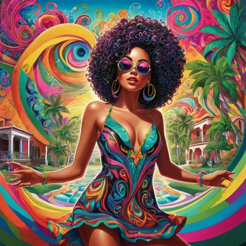 psychedelic art,afro-american,african american woman,afroamerican,afro american girls,vibrant,colorful,afro american,psychedelic,hula,afro,colorful background,colorful spiral,boho art,black woman,disco,african woman,chaka,vibrant color,miami,Illustration,Realistic Fantasy,Realistic Fantasy 39