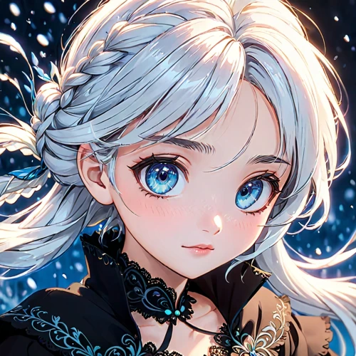 elsa,winterblueher,the snow queen,ice queen,white rose snow queen,eternal snow,aurora,fantasy portrait,luminous,snowflake background,merlin,luna,fantasia,glory of the snow,blue eyes,cg artwork,frozen,ice princess,snow drawing,cinderella,Anime,Anime,Traditional