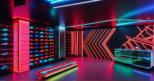 nightclub,3d background,computer room,cinema 4d,laser tag,game room,neon arrows,ufo interior,3d render,aaa,cubes,cyberspace,sound space,80's design,neon lights,disco,anechoic,the server room,party lights,neon sign,Photography,General,Realistic