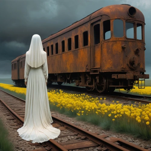 wedding dress train,dead bride,ghost locomotive,ghost train,train cemetery,conceptual photography,photo manipulation,model train figure,photomanipulation,the girl at the station,girl in a long dress,the train,train of thought,digital compositing,cherokee rose,last train,photoshop manipulation,image manipulation,jessamine,white rose on rail,Conceptual Art,Graffiti Art,Graffiti Art 11