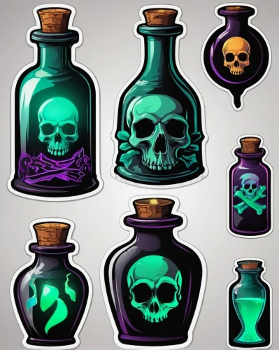 poison bottle,potions,halloween icons,drink icons,day of the dead icons,gas bottles,vials,bottles,skulls,glass items,witch's hat icon,skulls bones,glass bottles,flasks,skulls and,set of icons,perfume bottles,poisonous,glass containers,poison,Unique,Design,Sticker