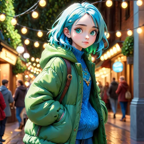 harajuku,elsa,winterblueher,laika,parka,cute cartoon character,aqua,hatsune miku,cg artwork,fashionable girl,piko,cyan,disney character,blue hair,jacket,winter clothes,elf,anime 3d,miku,vector girl,Anime,Anime,Cartoon