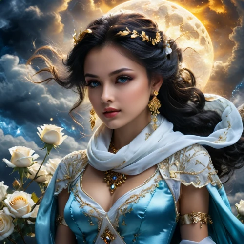 fantasy art,fantasy portrait,fantasy picture,mystical portrait of a girl,romantic portrait,fantasy woman,white rose snow queen,blue moon rose,blue rose,jasmine blossom,jasmine,oriental princess,yellow rose background,fairy tale character,priestess,celtic queen,queen of the night,comely,fairy queen,blue enchantress,Photography,General,Fantasy